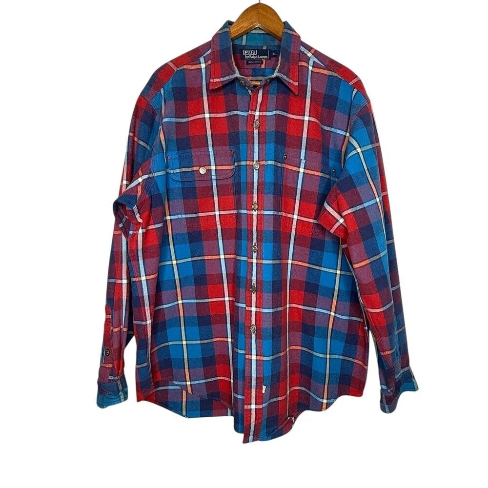 Vtg Polo Ralph Lauren Red Plaid Heavy Western Mandarin Silver Button Shirt Sz XL